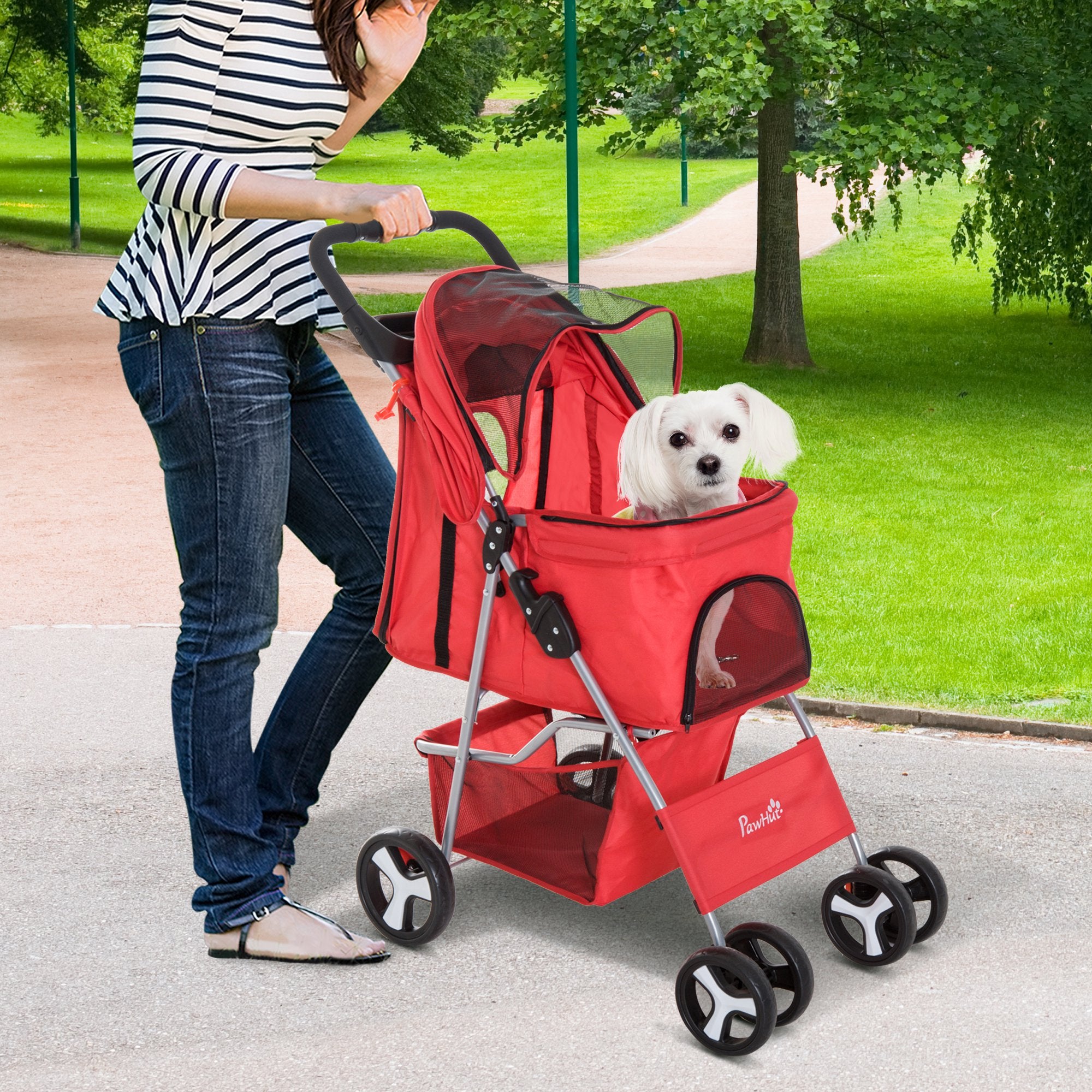 pawhut four wheel cat dog pet stroller PawHut Cat Dog Carrier Cart Foldable Cup Holder with Storage Red – Christianna Casta Boutique